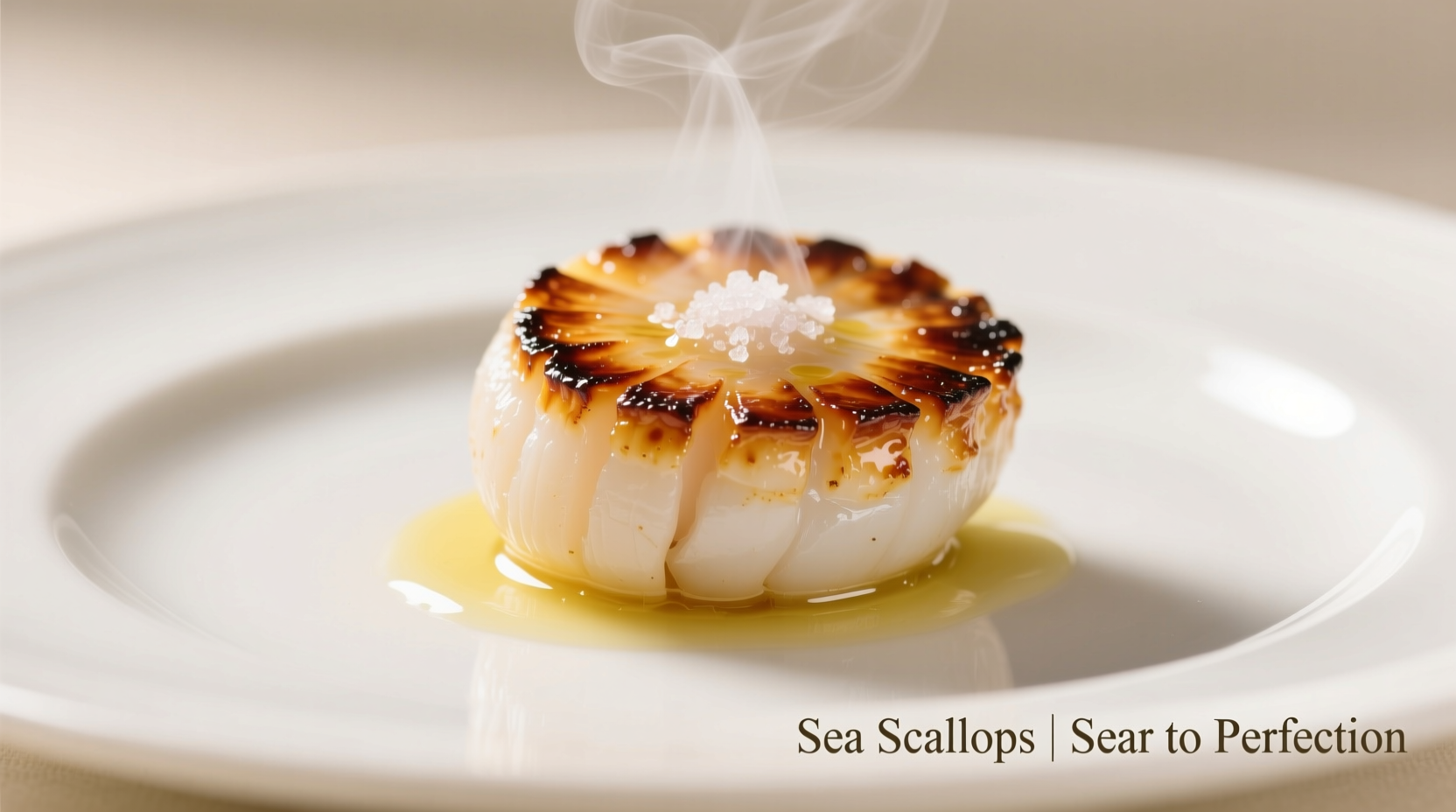 Perfectly seared sea scallops on white plate