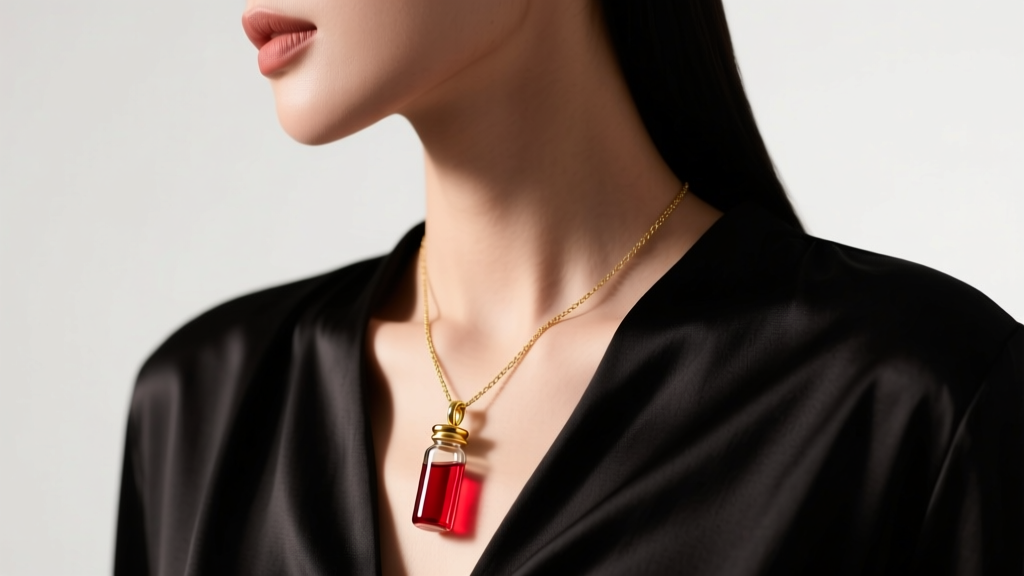 Side profile of a woman wearing a delicate 14k gold glass vial pendant filled with red resin against a dark silk blouse