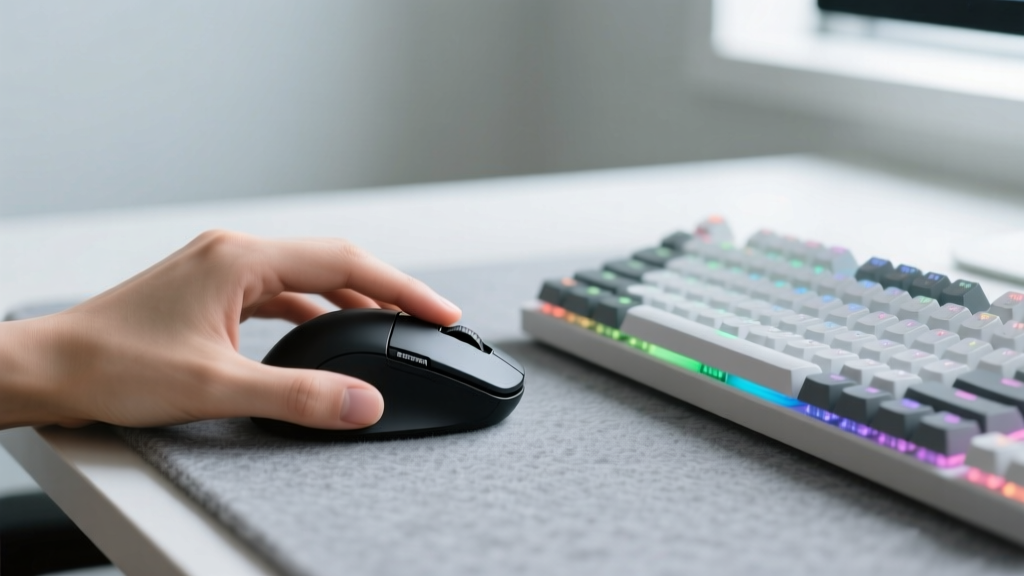Close up of a hand using a black Kensington vertical ergonomic mouse on a gray felt desk mat next to a mechanical keyboard