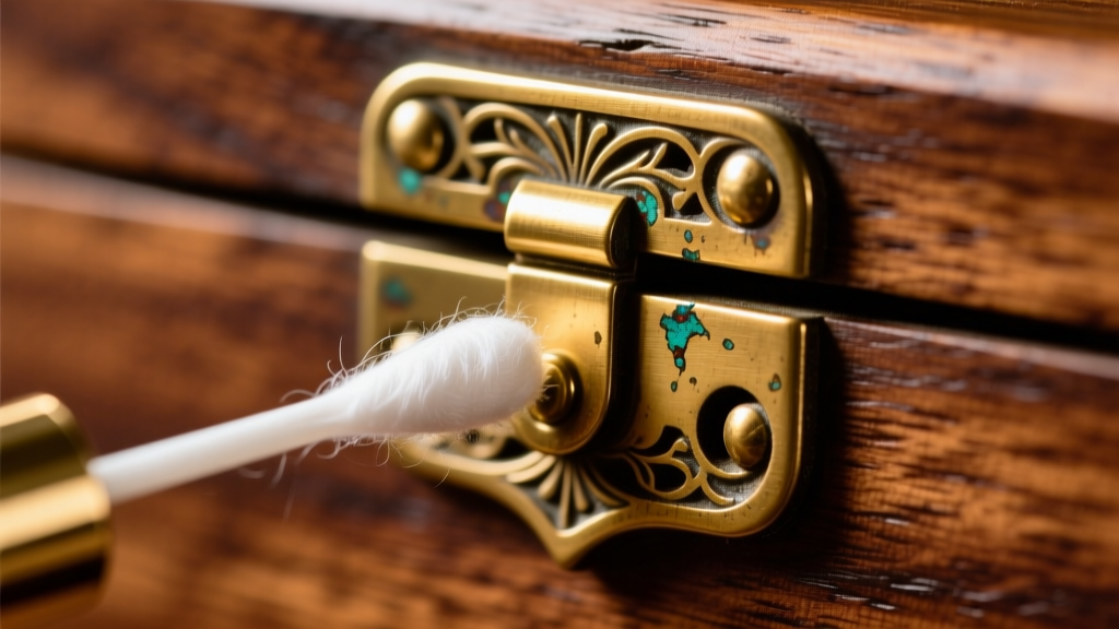 Macro shot of a cotton swab applying metal polish to an ornate vintage brass hinge on a wooden jewelry box without touching wood