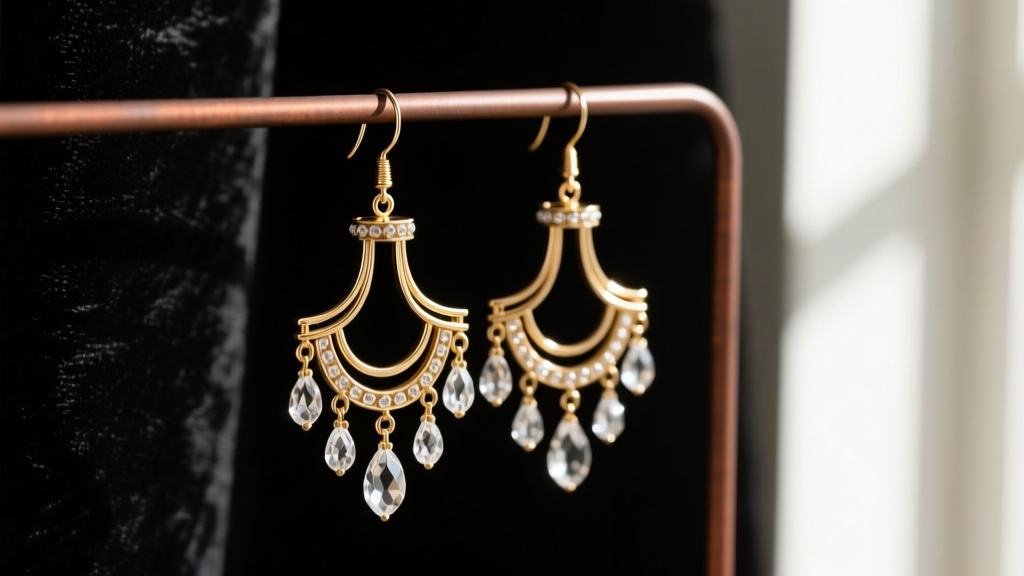 Close-up of heavy brass chandelier earrings hanging on a rust-resistant stainless steel organizer hook with dark velvet backing.