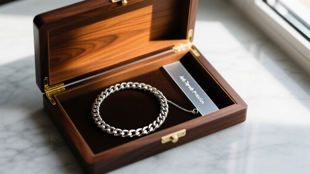 Open mahogany jewelry box displaying a neatly coiled silver 22 inch mens necklace next to an anti-tarnish strip, top-down view.