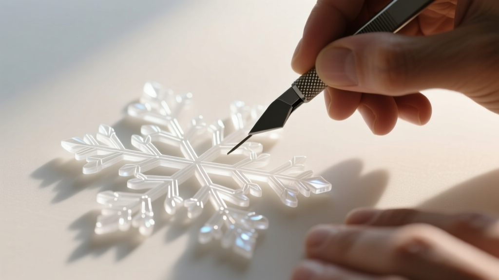 Artisan hands using a precision scalpel to carve intricate snowflake patterns into a sheet of translucent white polymer clay