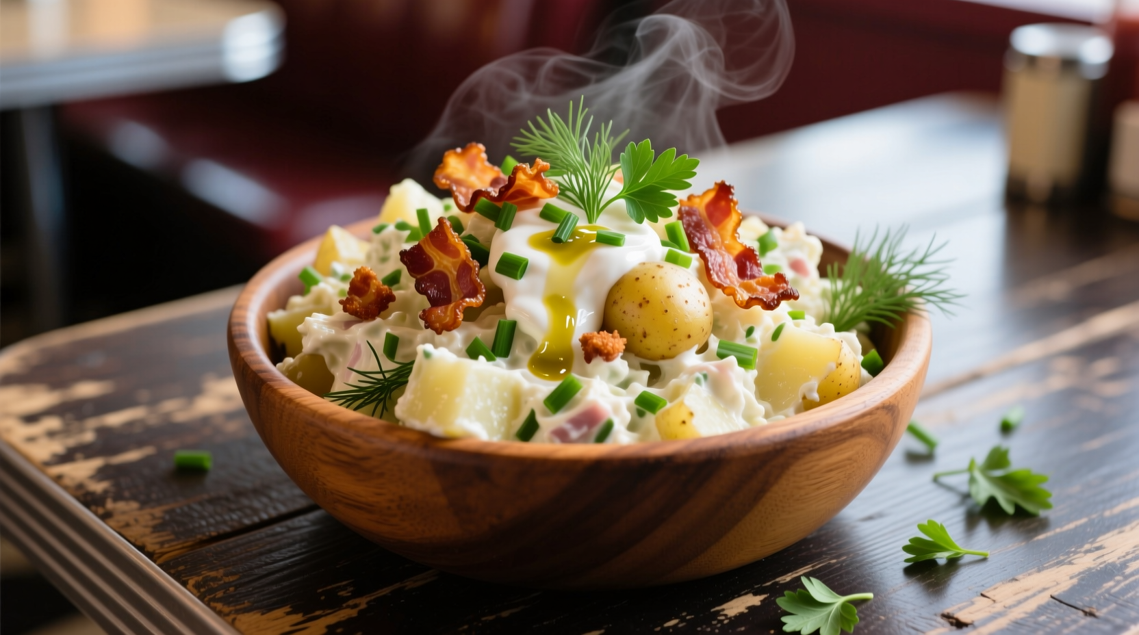 Loaded potato salad with bacon and fresh herbs
