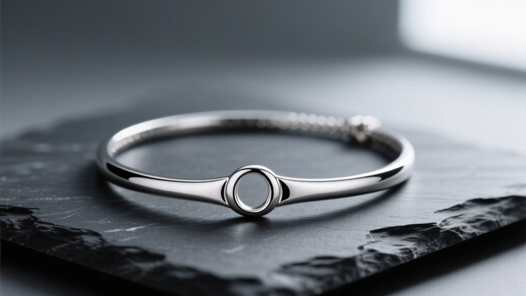 Close-up of a 3mm omega sterling silver necklace on dark slate, reflecting studio light to show its seamless liquid-metal finish.