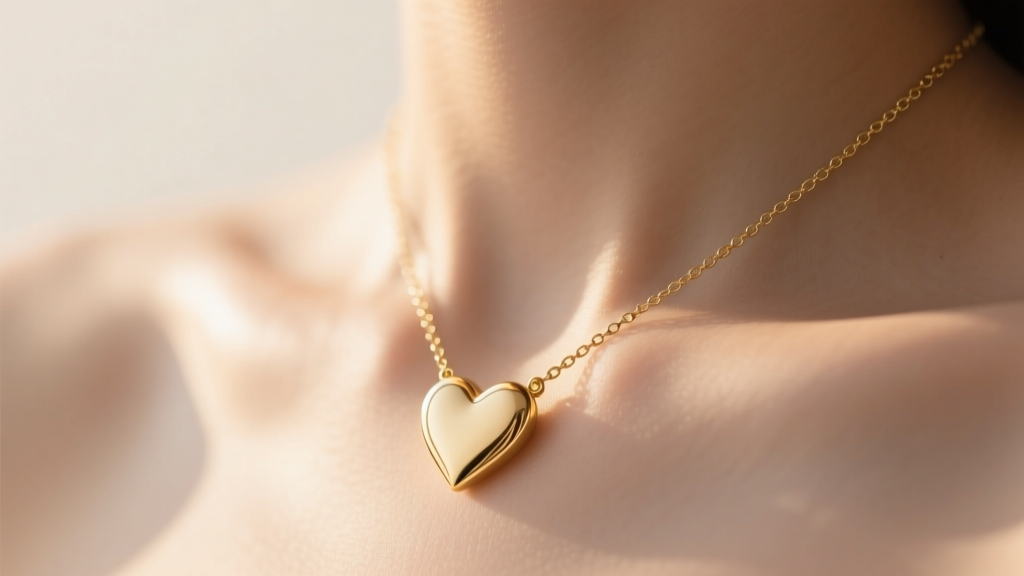 Close-up of a delicate 14k solid gold simple heart necklace resting on a collarbone, soft natural lighting, minimalist aesthetic.