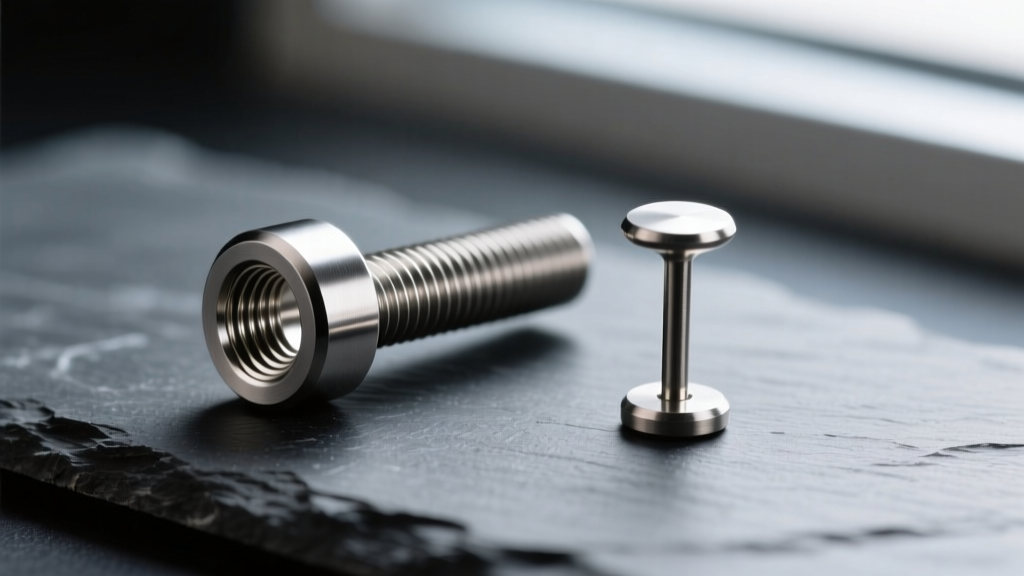 Macro shot of a 14-gauge internally threaded titanium barbell and a threadless push-pin stud resting on dark slate