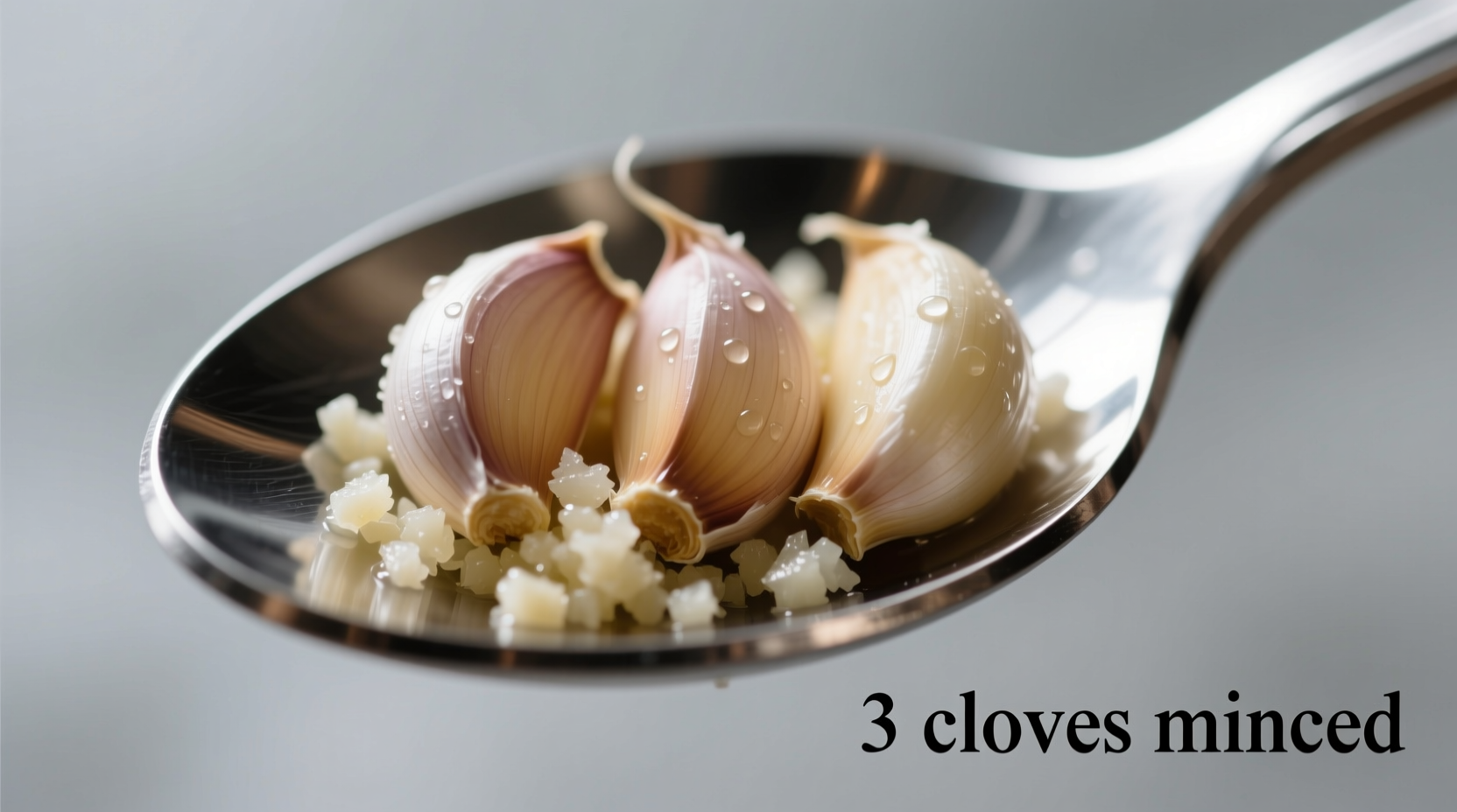 Drei gehackte Knoblauchzehen in Teelöffel-Messung
