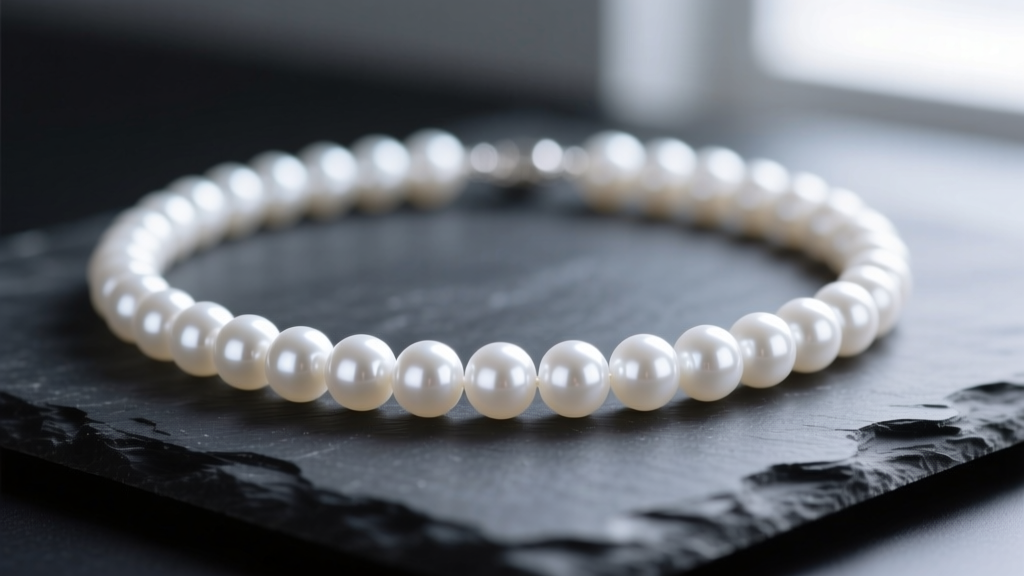 Close-up of a 2mm white freshwater seed pearls necklace on dark slate, showing uniform round sizing and bright mirror-like luster.