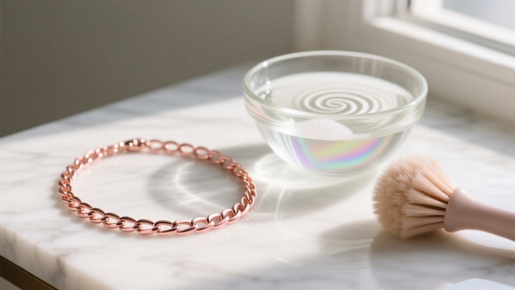 Delicate rose gold pink chain necklace resting on white marble next to a glass bowl of mild soapy water and a soft cleaning brush