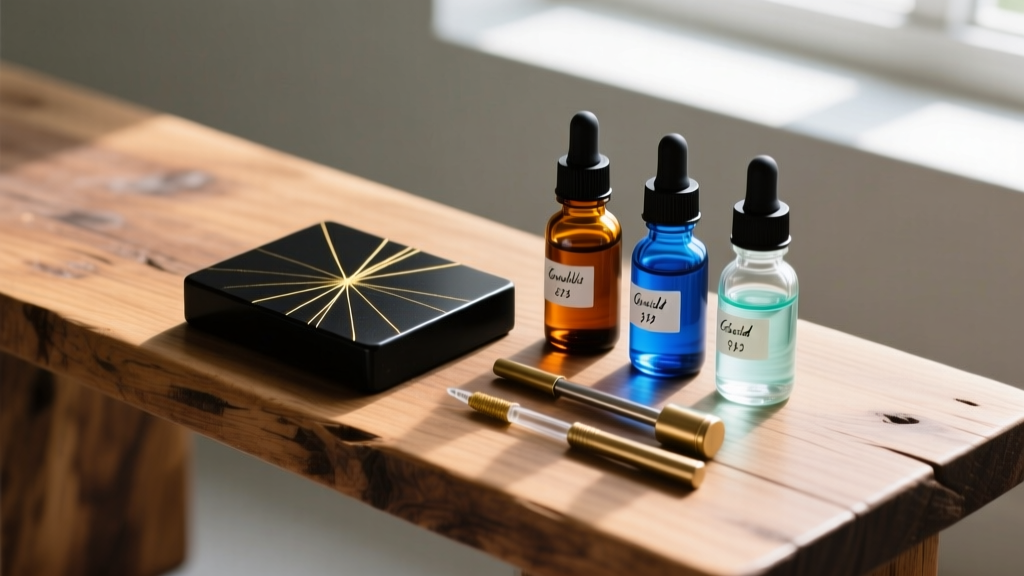 Professional gold acid testing kit on a wooden bench, showing a black touchstone with gold scratch marks and small dropper bottles