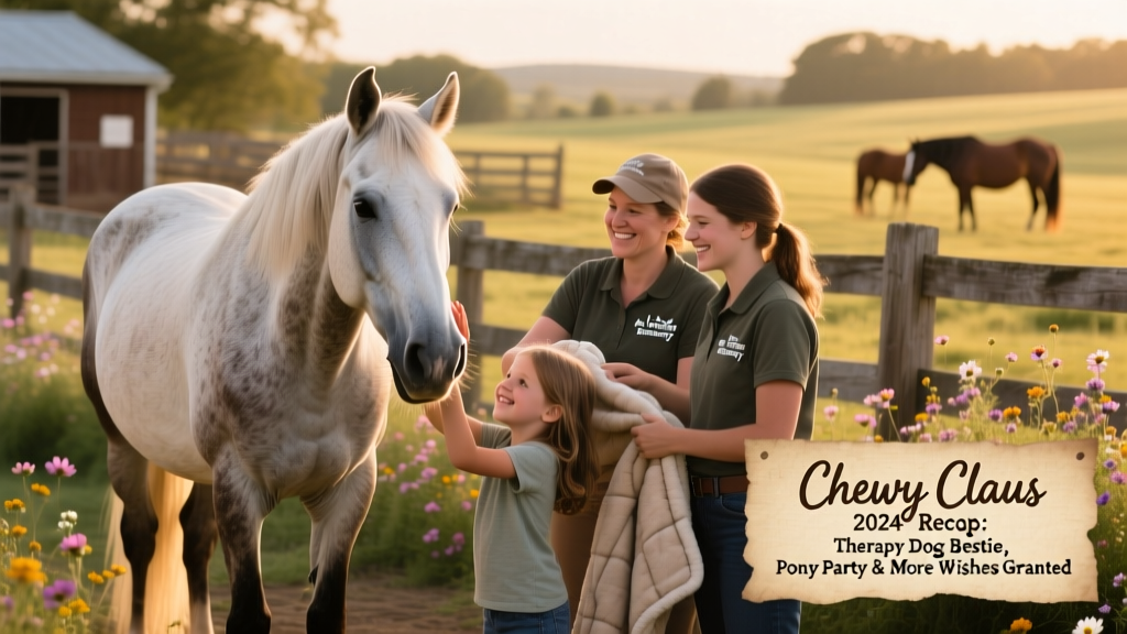 Faith, a gentle senior horse, standing calmly beside children and volunteers at Lucky Horse Sanctuary