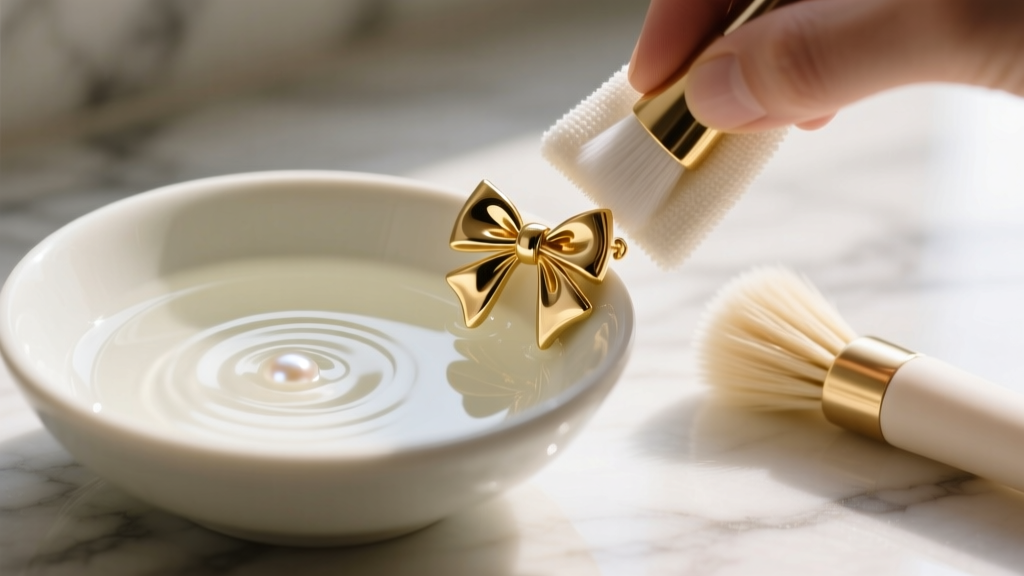 Microfiber cloth polishing a delicate gold bow earring, beside a bowl of mild soapy water and a soft pearl-safe brush.