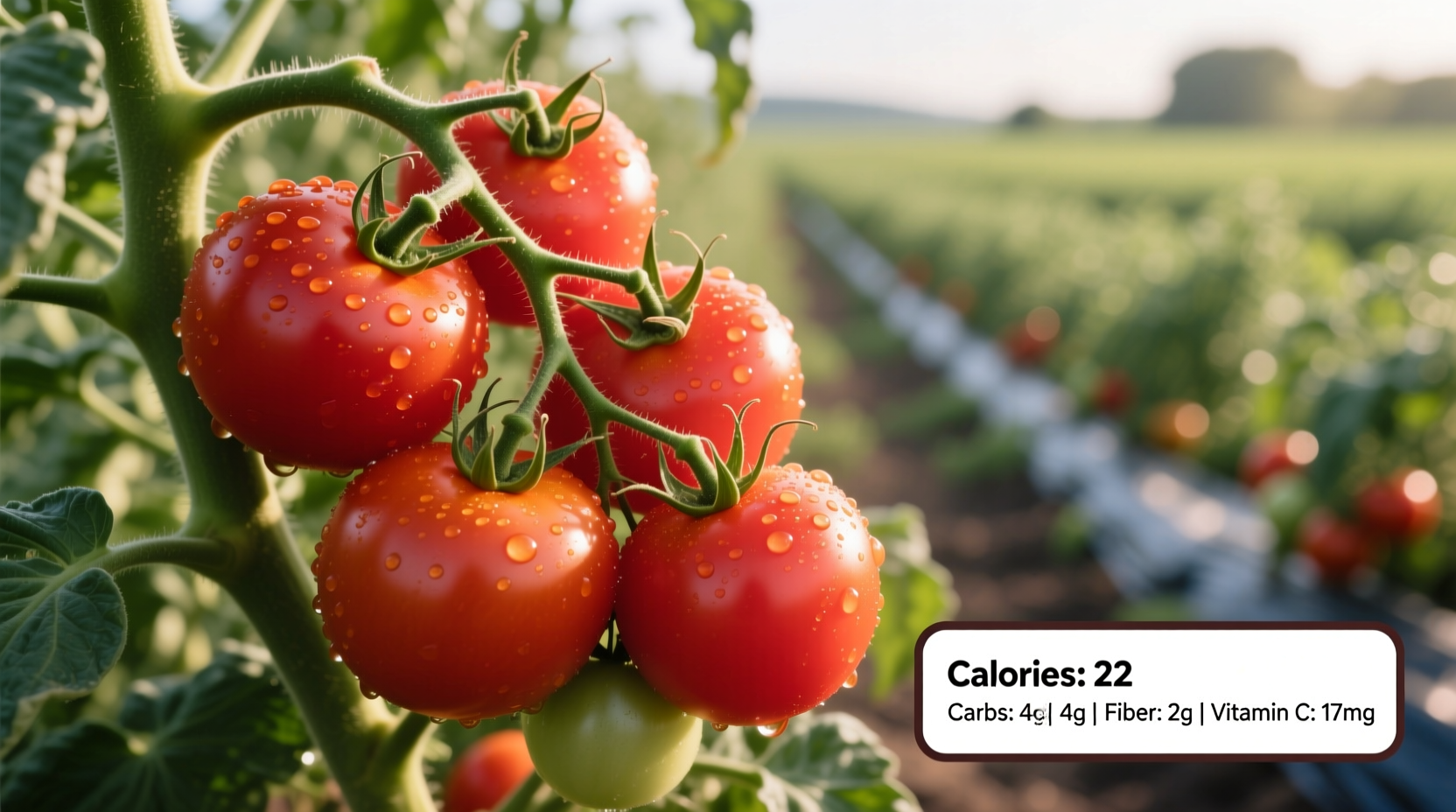 Fresh red tomatoes on vine with nutritional facts