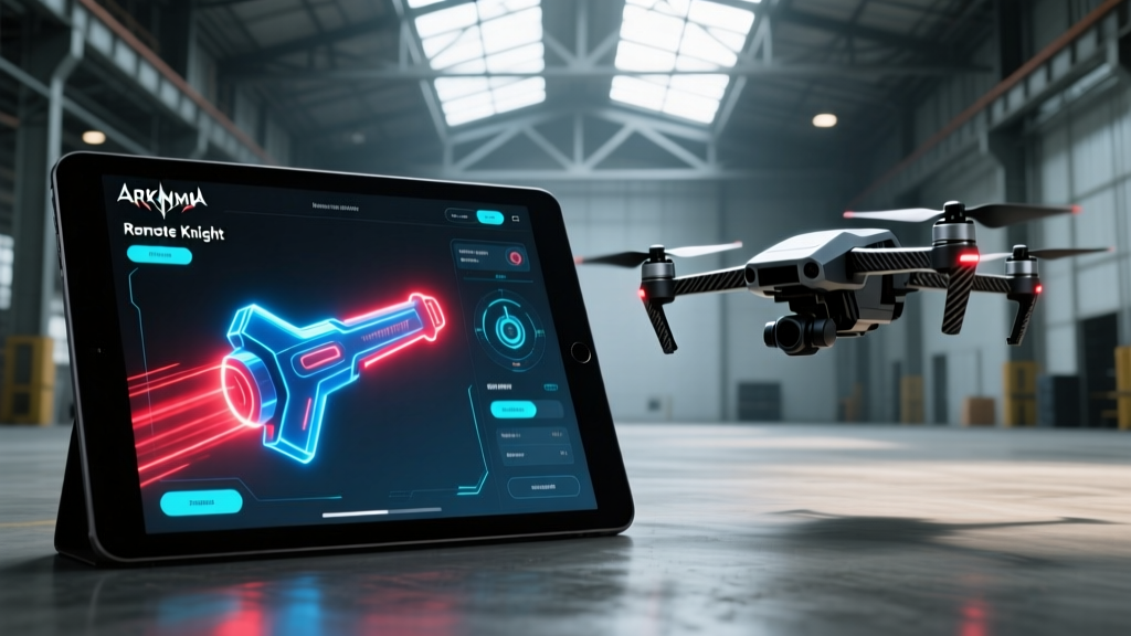 Side-by-side comparison of the digital Arkham Knight remote batarang UI and a real-world programmable FPV drone hovering in a warehouse.