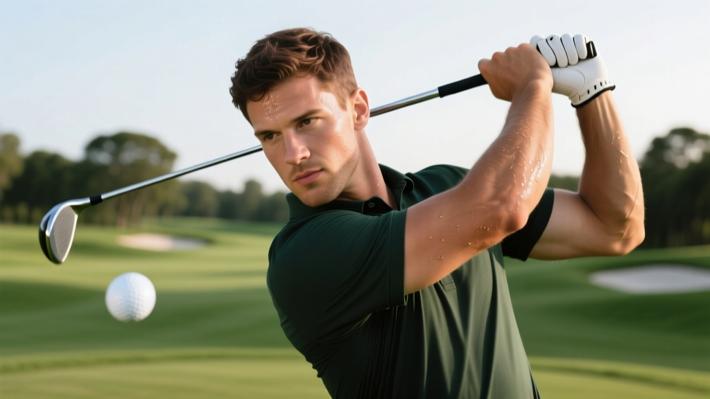 Close-up of a golfer's left wrist wearing a green fabric HackMotion sensor strap while holding a golf club at address position on a mat