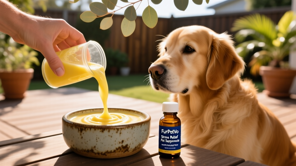 Close-up of a hand pouring a creamy yellow smoothie into a dog’s ceramic bowl beside a small bottle of FurPetVo Stress Relief Pet Supplement