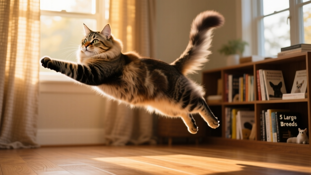 A playful Siberian cat mid-leap, showcasing its muscular build and expressive face against a cozy indoor backdrop