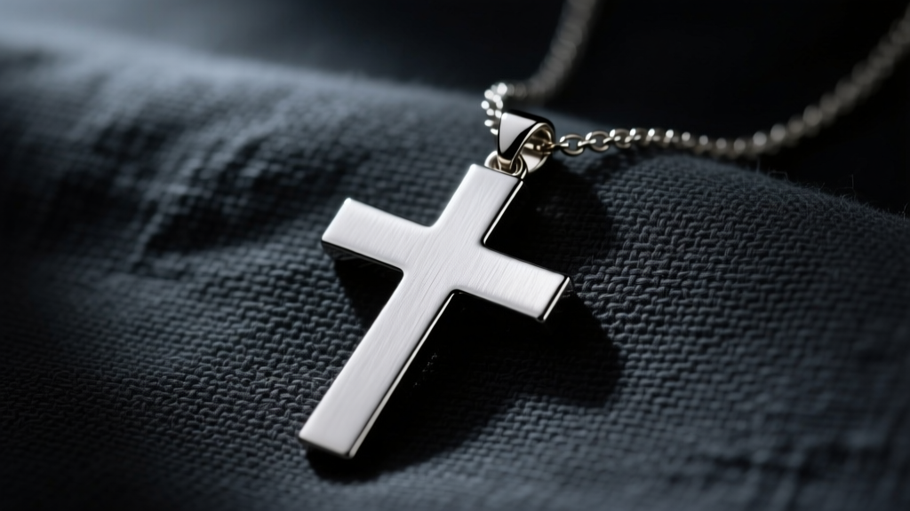 A close-up of a brushed surgical stainless steel iron cross necklace resting on dark charcoal linen fabric with moody lighting