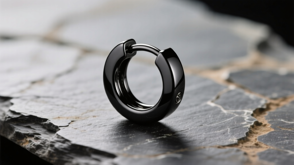 Macro shot of a black PVD titanium 16g hoop earring on slate, showing its matte, light-absorbing finish under soft studio lighting
