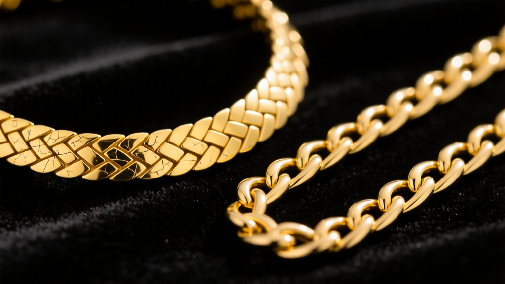 Macro shot of a scratched 18k yellow gold herringbone necklace next to a pristine 14k gold flat Cuban link chain on dark velvet