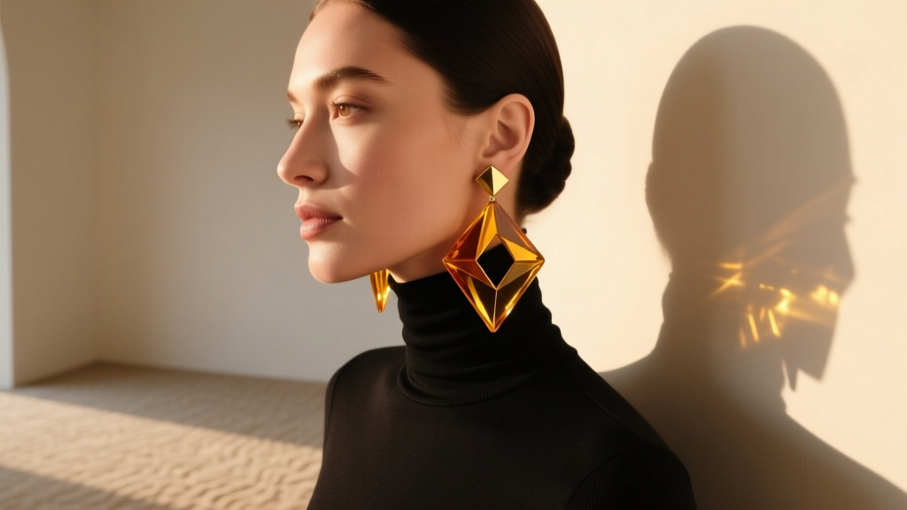 Woman in black turtleneck showcasing large geometric resin dangle earrings catching warm golden hour sunlight on her face.