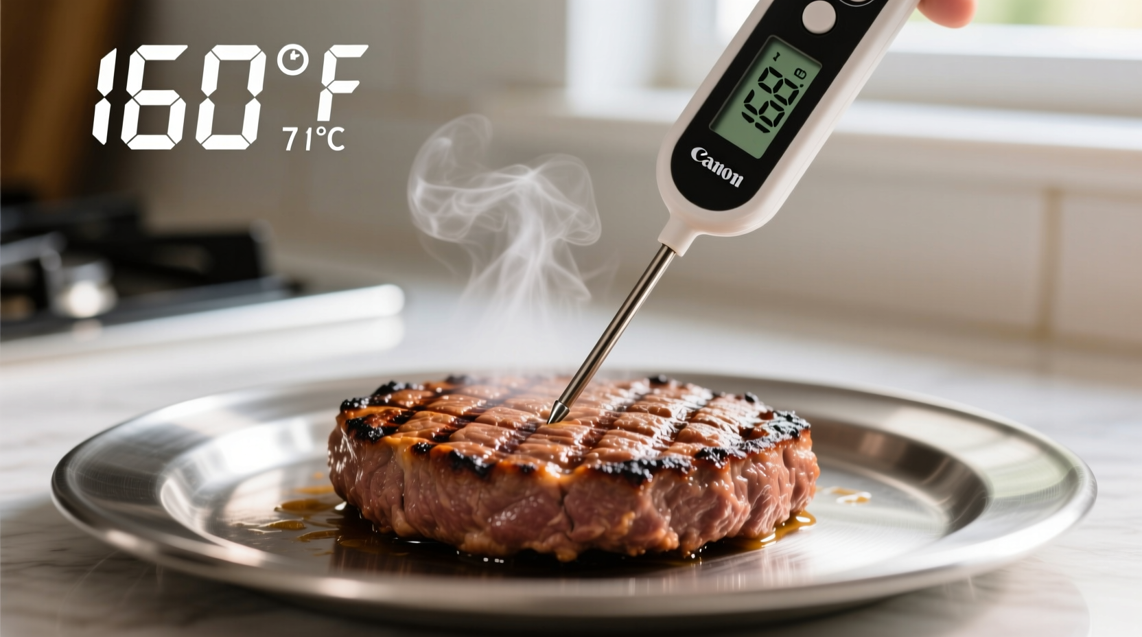 Food safety thermometer checking cooked ground beef temperature