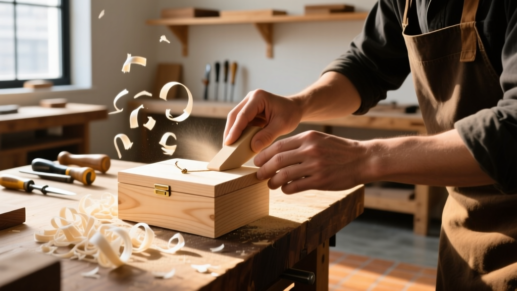 Close-up of a craftsman sanding a smooth pale hard maple jewelry box on a sunlit workbench surrounded by fine wood shavings.
