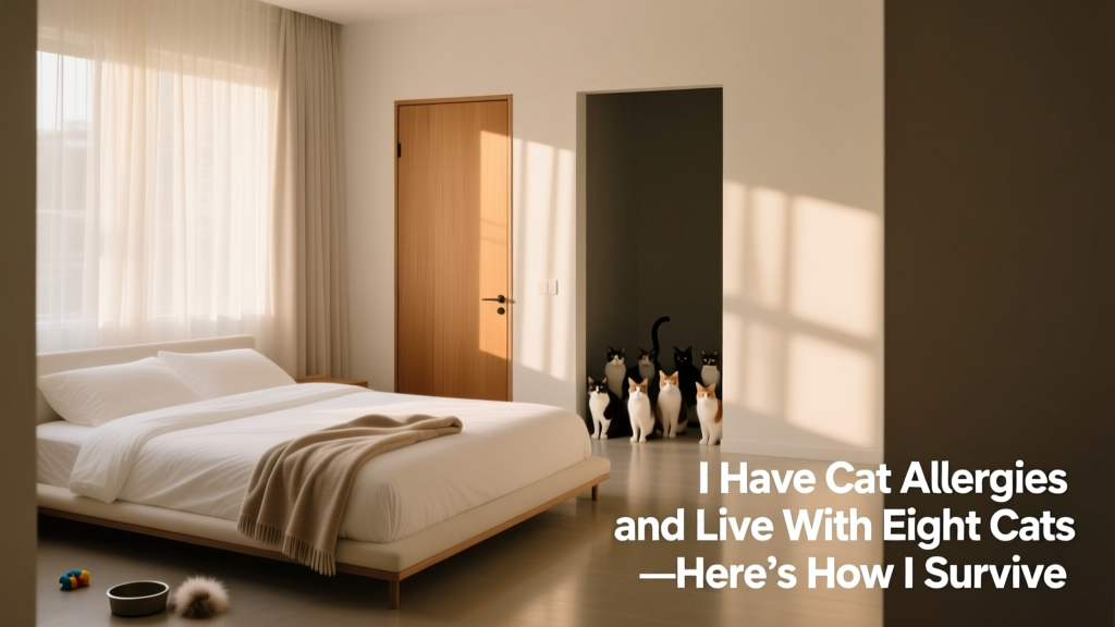 A tidy, minimalist bedroom with closed door, fresh linens, and no cat items visible