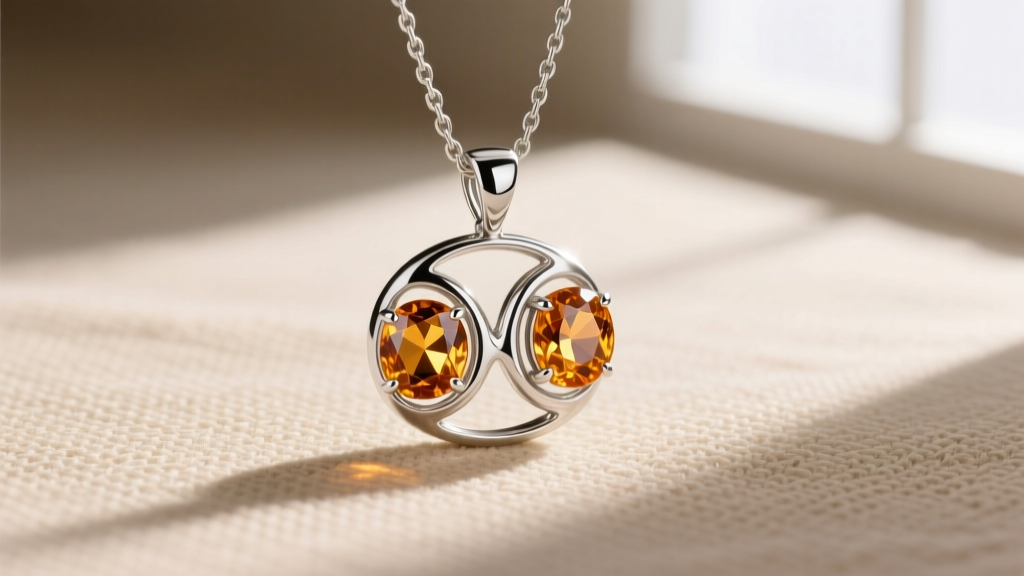 Silver Gemini pendant with two citrine gemstones representing twin stars, resting gracefully on a textured beige linen background.