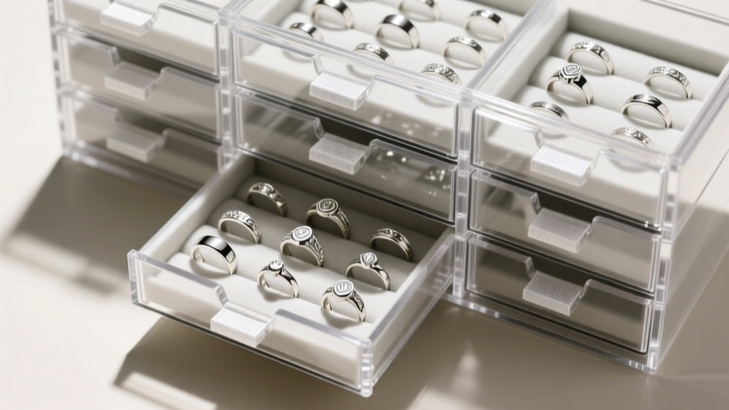 Overhead view of airtight acrylic jewelry drawers with anti tarnish strips tucked in corners beside neatly organized silver rings