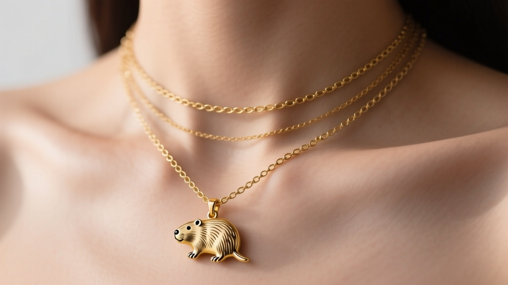 Woman wearing a layered necklace stack with a small gold vermeil capybara pendant on a 16-inch rolo chain, collarbone close-up.