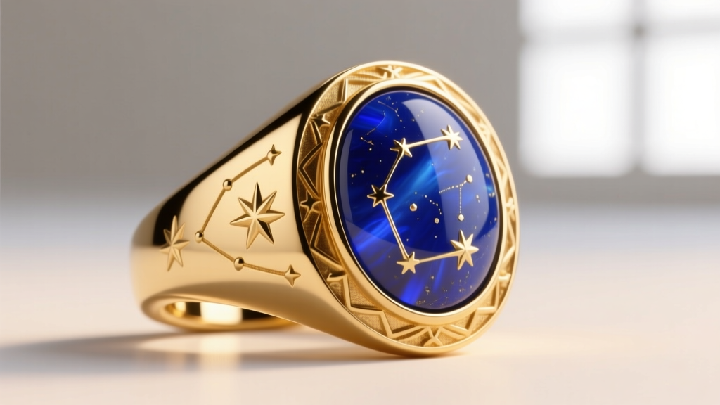 Macro shot of an 18k gold signet ring with a deep blue lapis lazuli cabochon and intricate hand-engraved celestial star motifs.