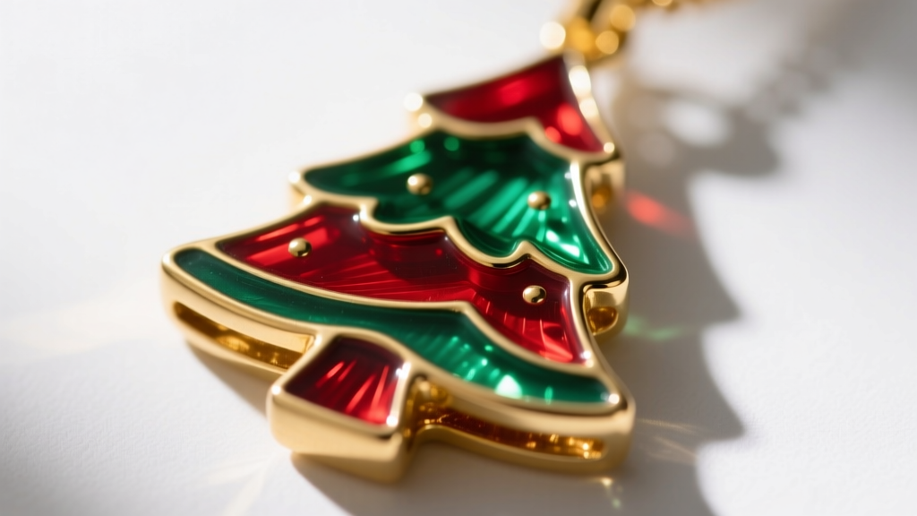Close-up of a champlevé enamel xmas tree pendant base showing recessed gold cells filled with translucent red and green glass