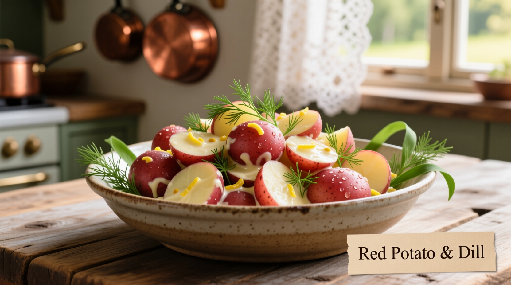 Creamy red potato salad in serving bowl with fresh dill