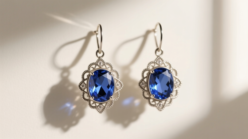 Edwardian platinum pendant earrings featuring delicate millegrain borders and a central cornflower blue sapphire in soft lighting