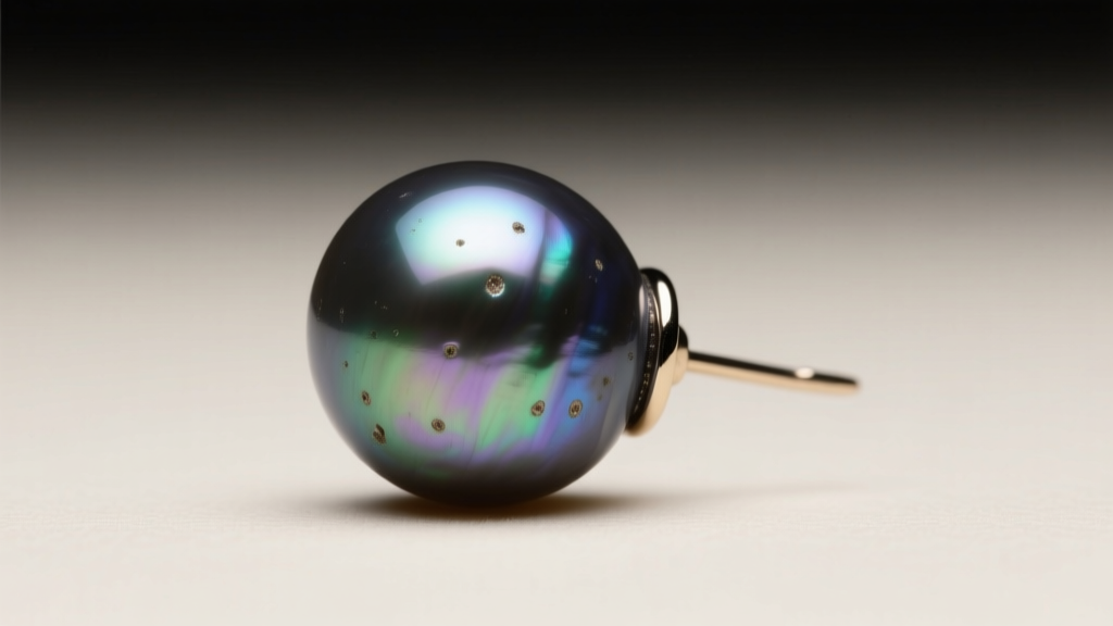 Side profile of a dark grey Tahitian baroque pearl earring showing thick nacre and surface blemishes under soft studio lighting.