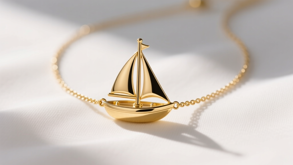 Close-up of 14k gold sailboat necklace on white linen, soft sunlight highlighting the polished hull and delicate 1.2mm cable chain.