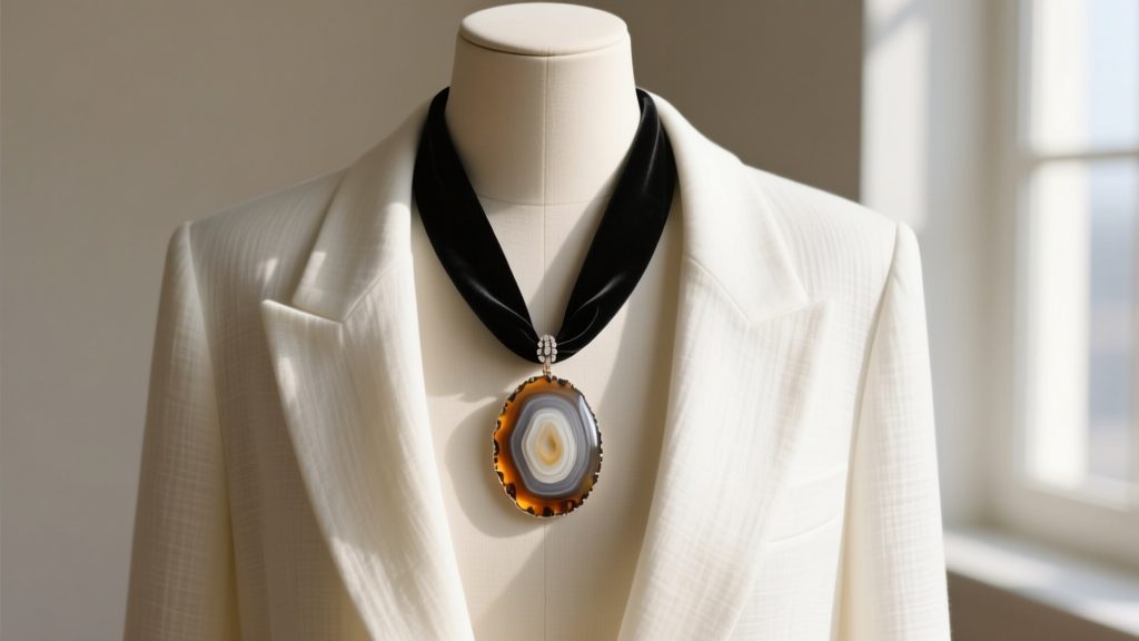 Editorial shot of a layered agate cameo necklace on black velvet ribbon, paired with a contemporary structured linen blazer