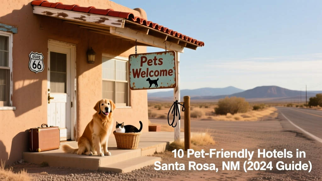 A charming roadside hotel along Route 66 in Santa Rosa, NM, with a 'Pets Welcome' sign visible near the entrance
