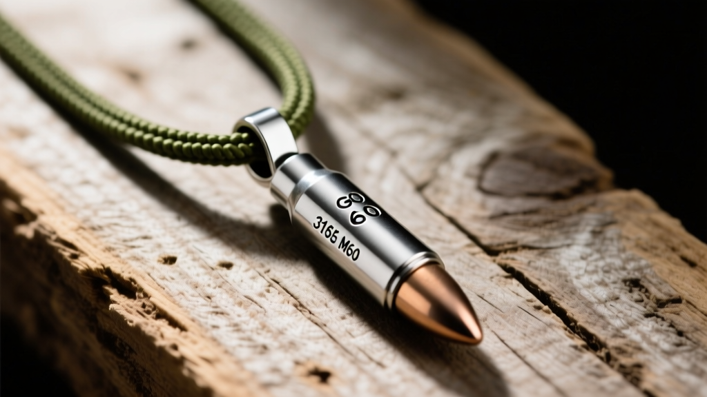 Close-up of a 316L stainless steel M60 bullet pendant on an olive drab paracord necklace, resting on a rustic wooden surface.