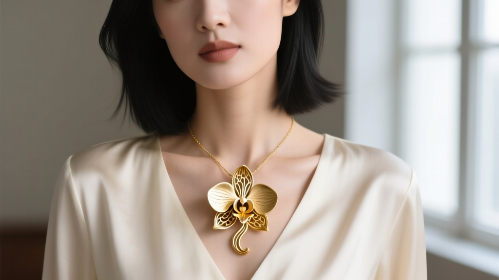 Close-up of a woman wearing a gold orchid necklace over a cream silk V-neck blouse, the pendant resting gently on her collarbone.