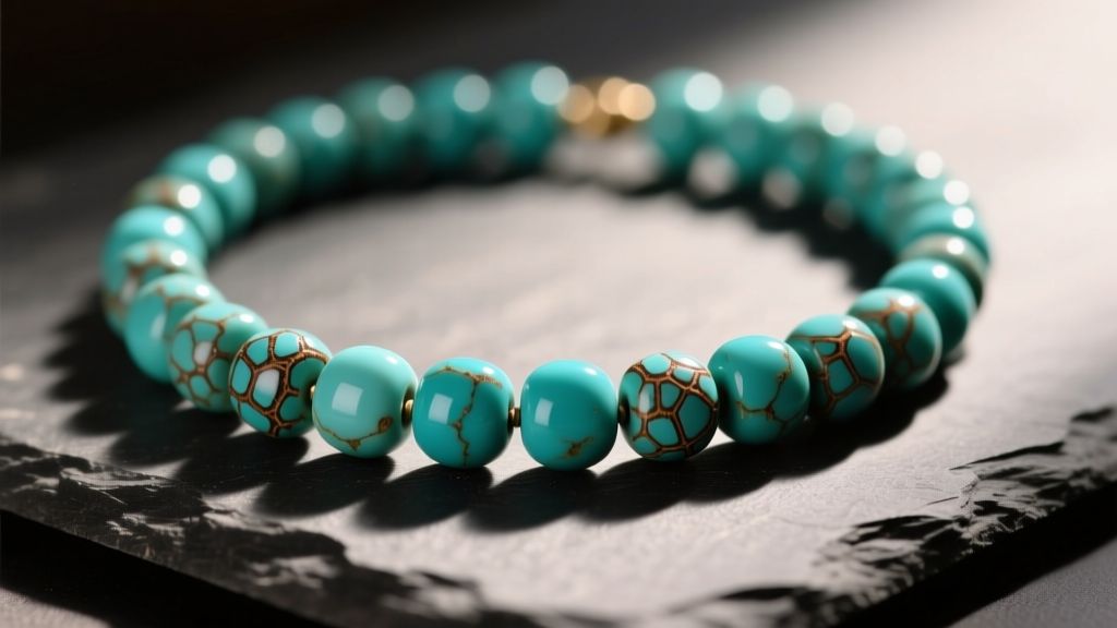 Close-up of a vintage turquoise bead necklace on dark slate, showing brown matrix webbing and surface wear under warm light.