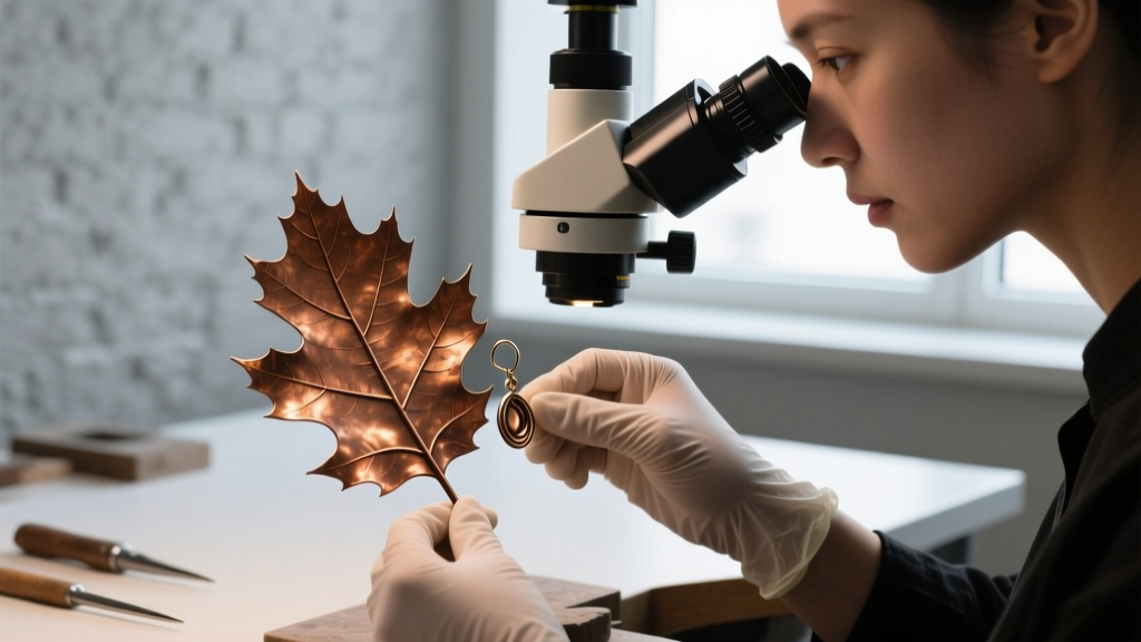 Jeweler using a dental microscope to inspect the serrated edges of a raw bronze oak leaf earring casting before polishing