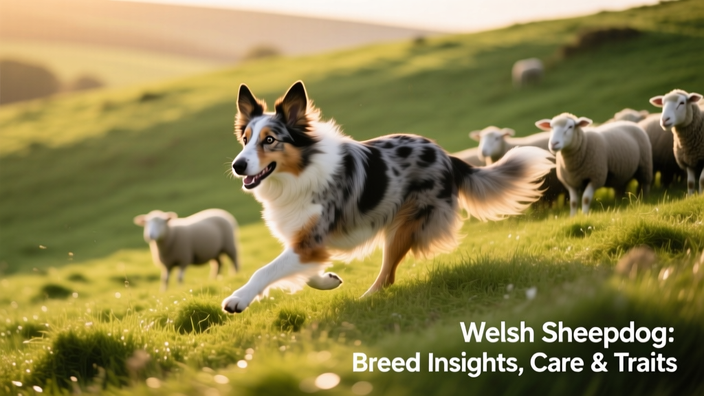 A lively Welsh Sheepdog working on a grassy hillside, herding sheep with focused intensity