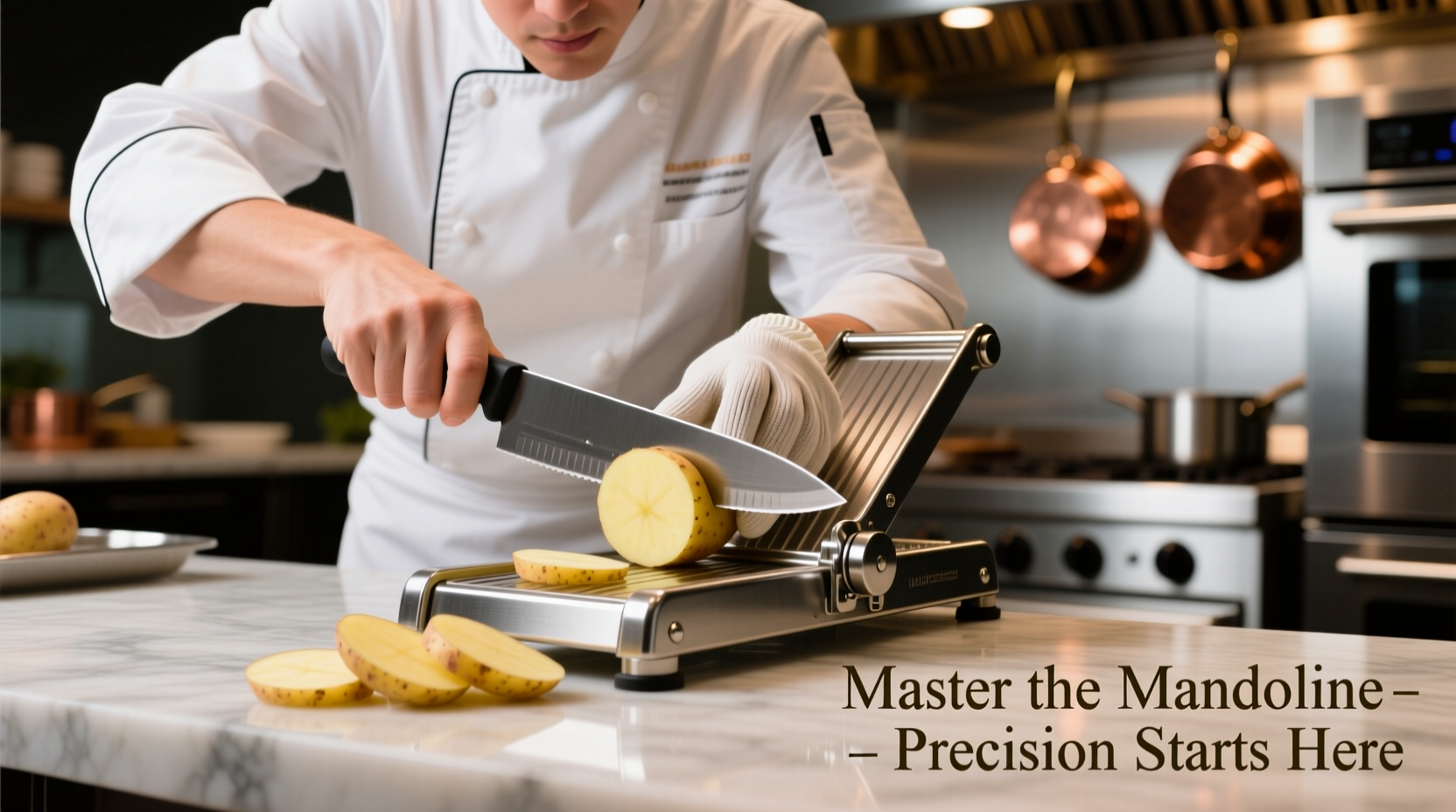 Chef demonstrating proper potato slicing technique with mandoline