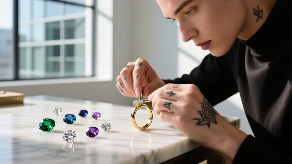 Jeweler's loupe inspecting the hallmark on the clasp of a heavy 18k vintage gold link bracelet, illuminated by a warm desk lamp glow