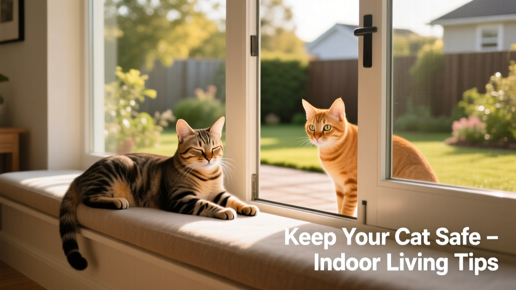 Two cats side by side—one lounging peacefully on a sunlit windowsill indoors, the other cautiously peering through a slightly open screen door toward the backyard