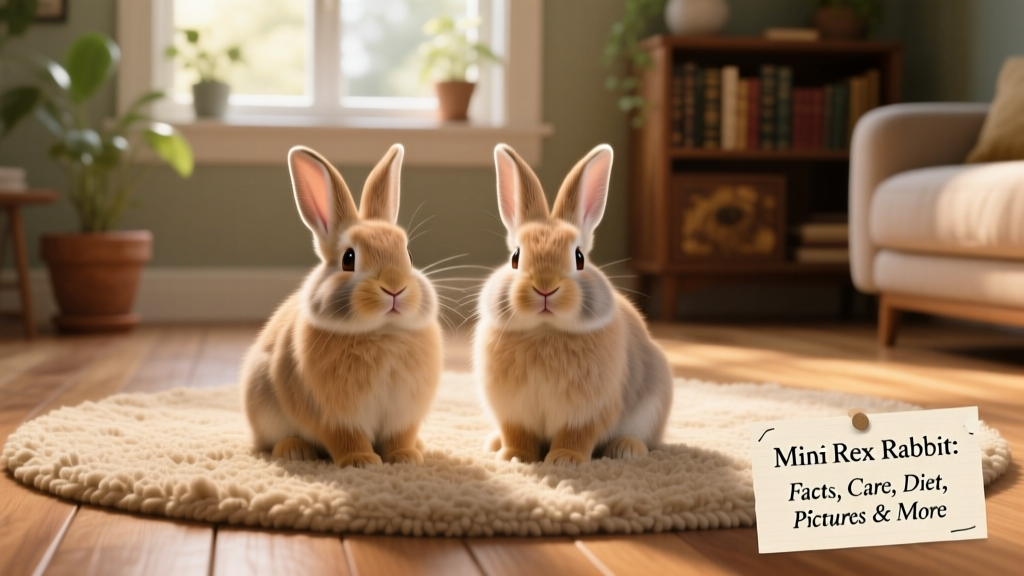 Two Mini Rex rabbits sitting side by side on a cozy indoor rug, showcasing their plush, velvety coats and friendly expressions