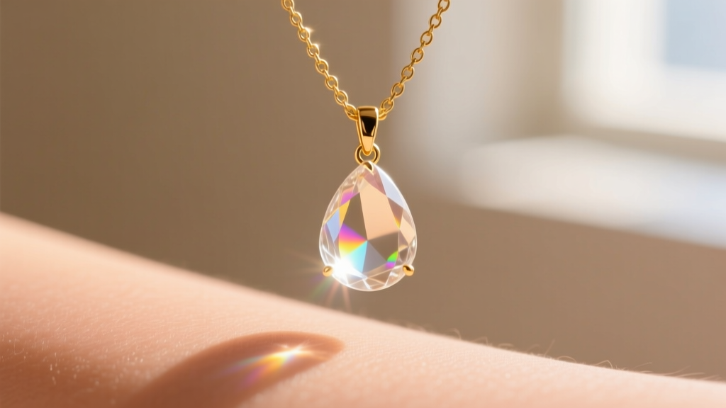 Macro shot of a delicate gold water droplet necklace featuring a clear quartz pendant catching sunlight against a warm skin tone.